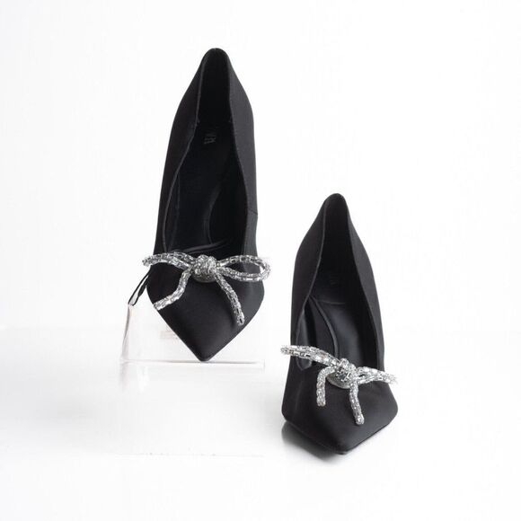 Zara Womens Rhinestone Bow Pointed Heels Pumps Black US 10 EU 41 NWT 2247/010 - Picture 4 of 8